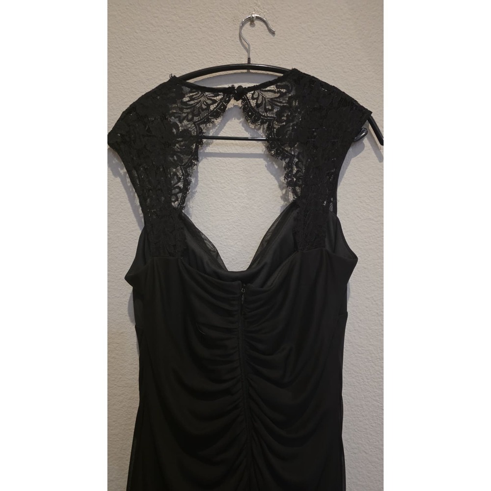 Xscape Black Lace Cap Sleeve Cowl Neck Ruched Maxi Gown Open Back Front Slit 12 - Picture 7 of 9